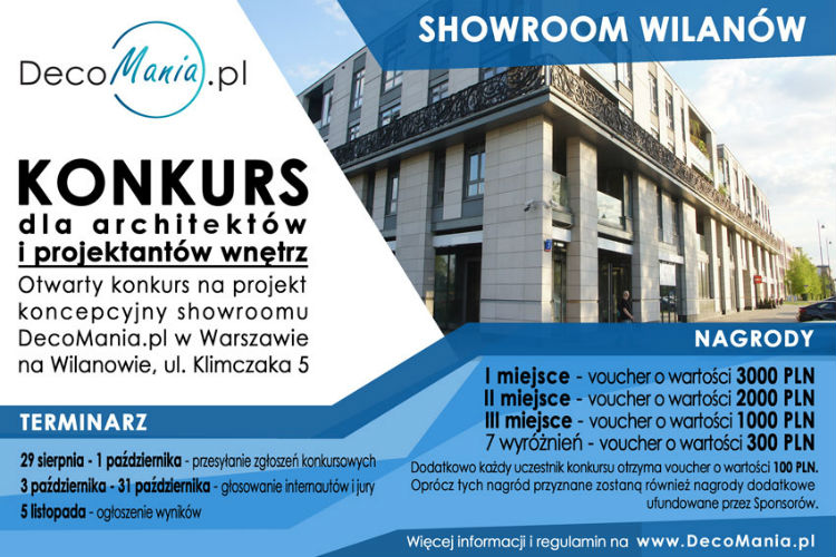 Zostań projektantem Showroom Wilanów - patronat medialny mieszkaniazpomyslem.pl nad konkursem organizowanym przez DecoMania.pl
